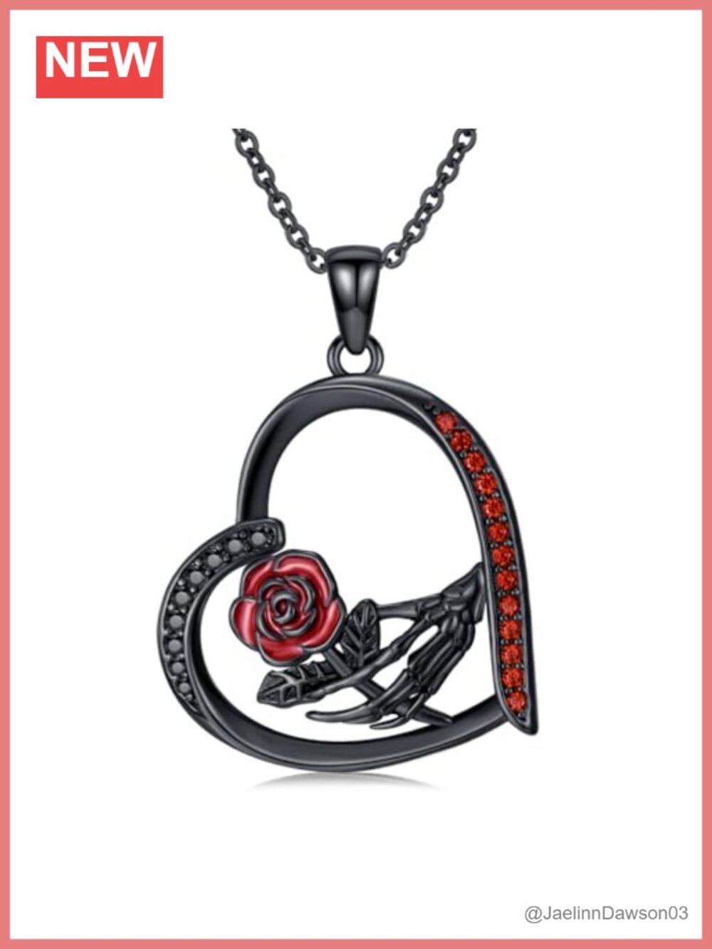 925 Sterling Silver Gothic Heart Pendant Necklace Skeleton Hand Garnet Zirconia